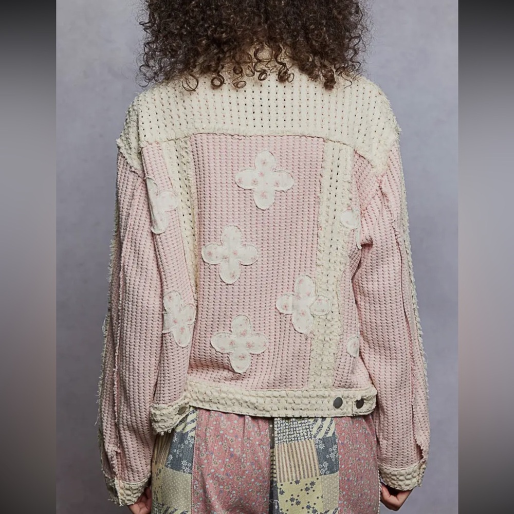 POL pink textured floral patchwork denim boho bohemian pullover jacket coat - Picture 5 of 5
